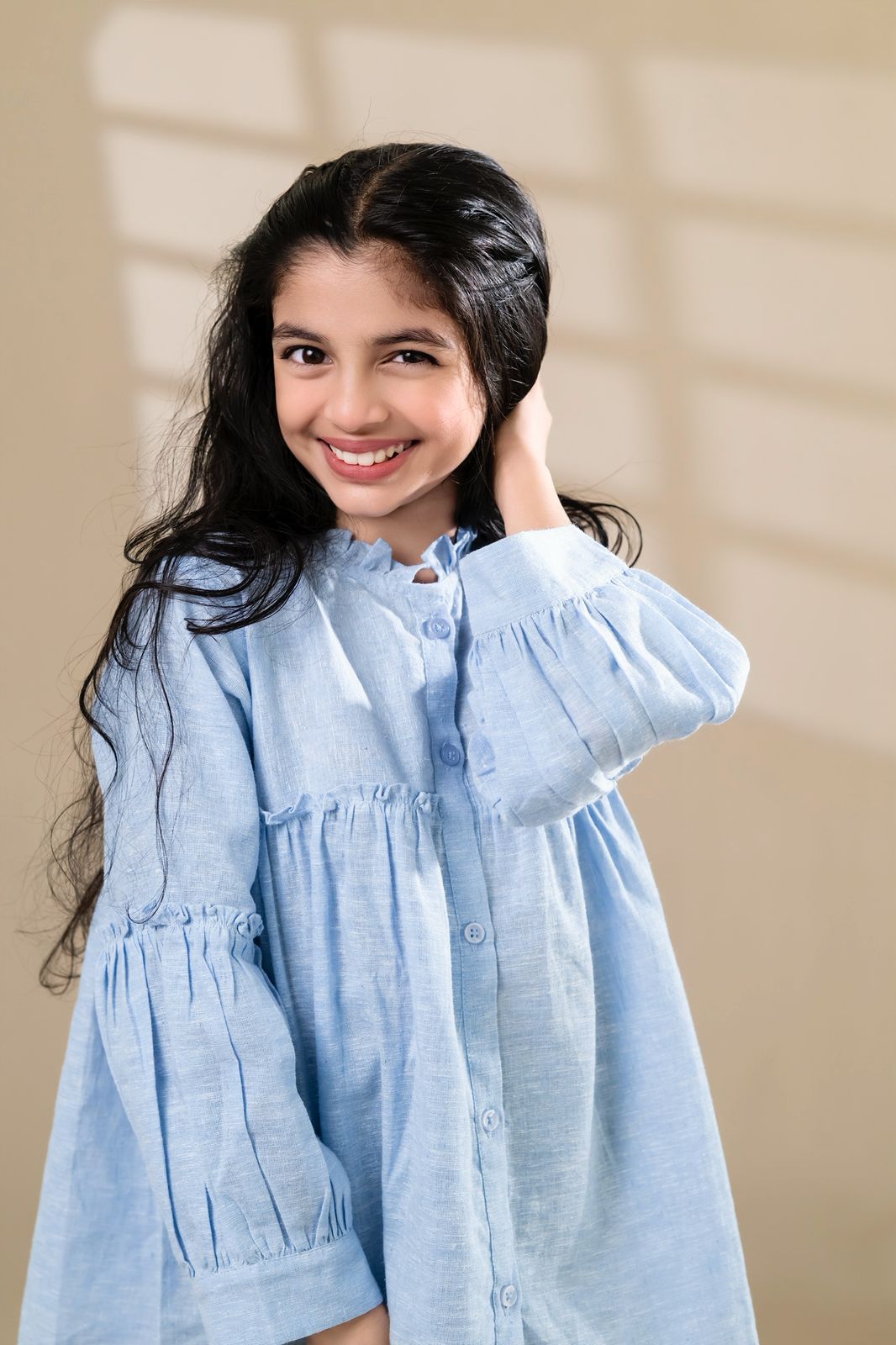 Sky Blue Pleated Flare Top