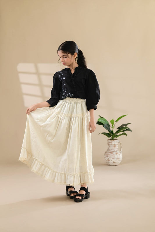 Cream Ruffle Hem Flared Skirt